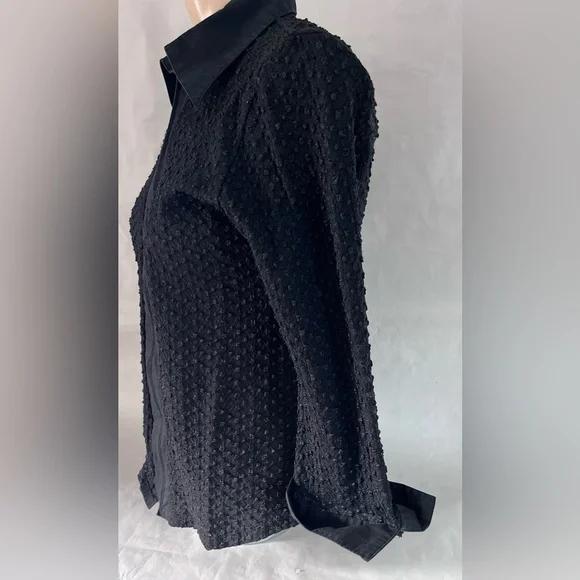 Black Textured Crinkle Full Zip Top Size Small S stretch w Collar 3/4 “ Sleeve - Picture 4 of 13